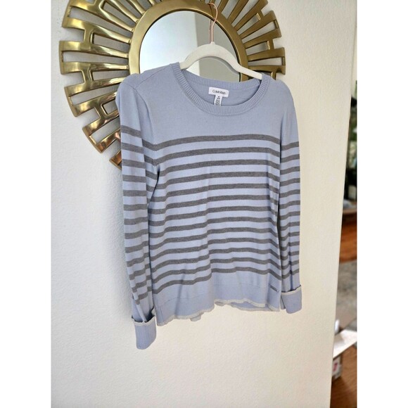 Comfy Casual Lounge Calvin Klein Baby Blue And Gray Stripe Preppy Sweater - Picture 1 of 5
